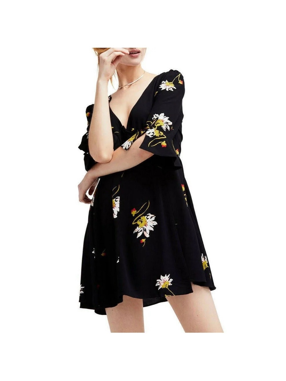 Free People Black Floral Wrap Midi Dress with Red and Green Floral Accents